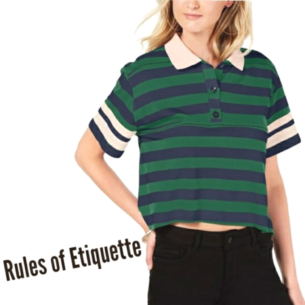 Rules of Etiquette Green/ Blue Striped Sporty Collar Short Slv Tunic Polo Top XL
